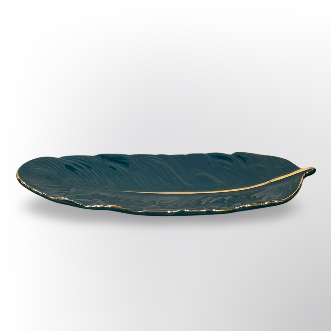 Elegance Leaf Tray with Gold Emerald