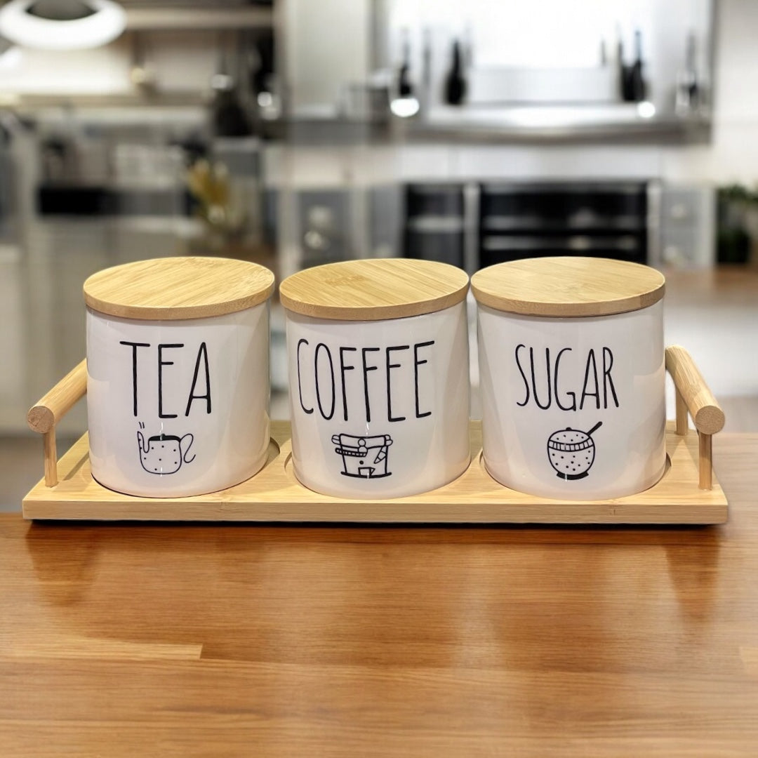 Tea Coffee Sugar White Illustrated Jars with Tray – Belleza Casa