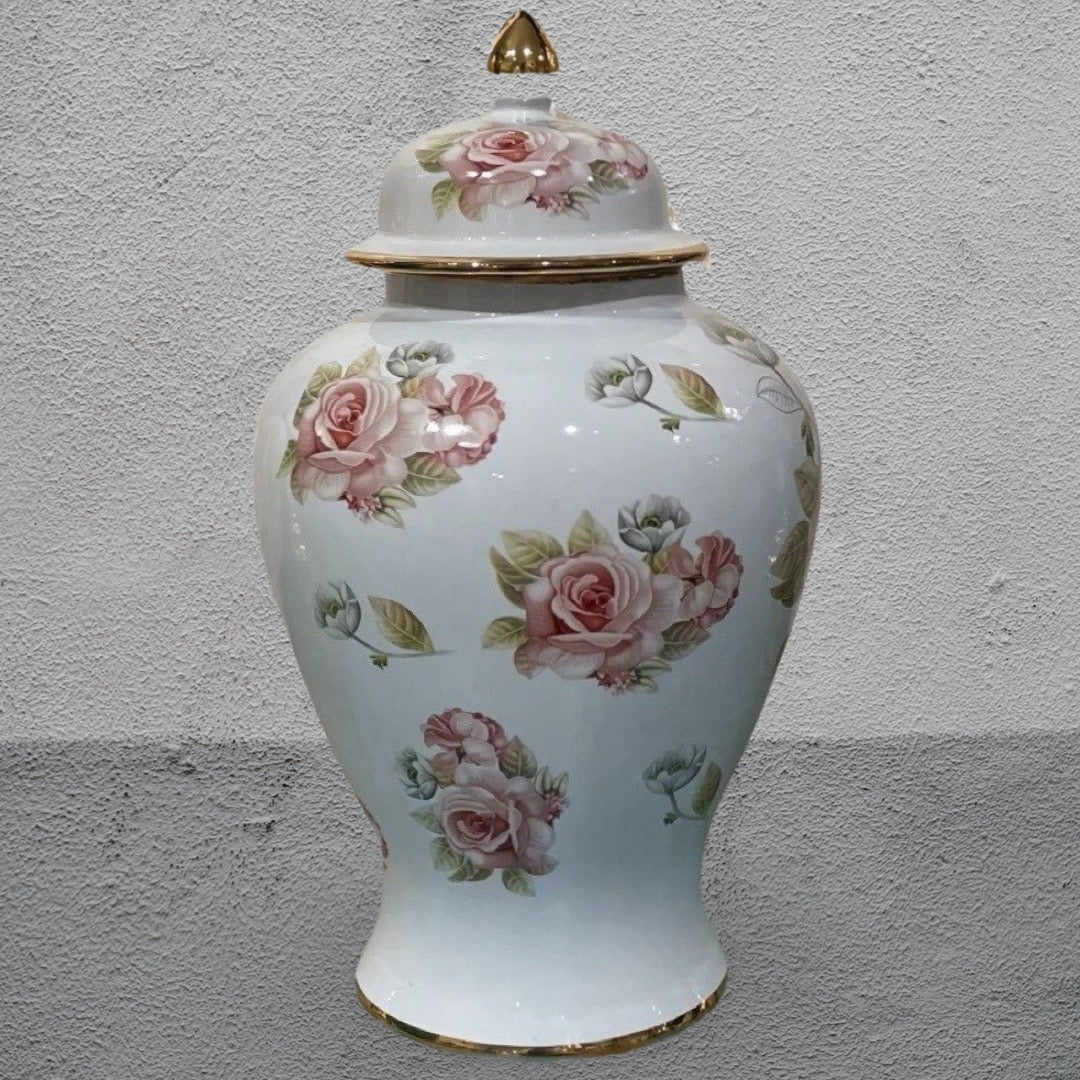 Temple Jar White with Pink Roses Large