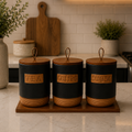 Tea Coffee Sugar Speckled Black Jars with Tray
