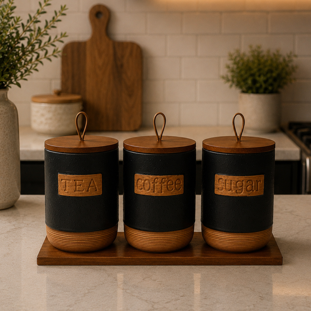 Tea Coffee Sugar Speckled Black Jars with Tray