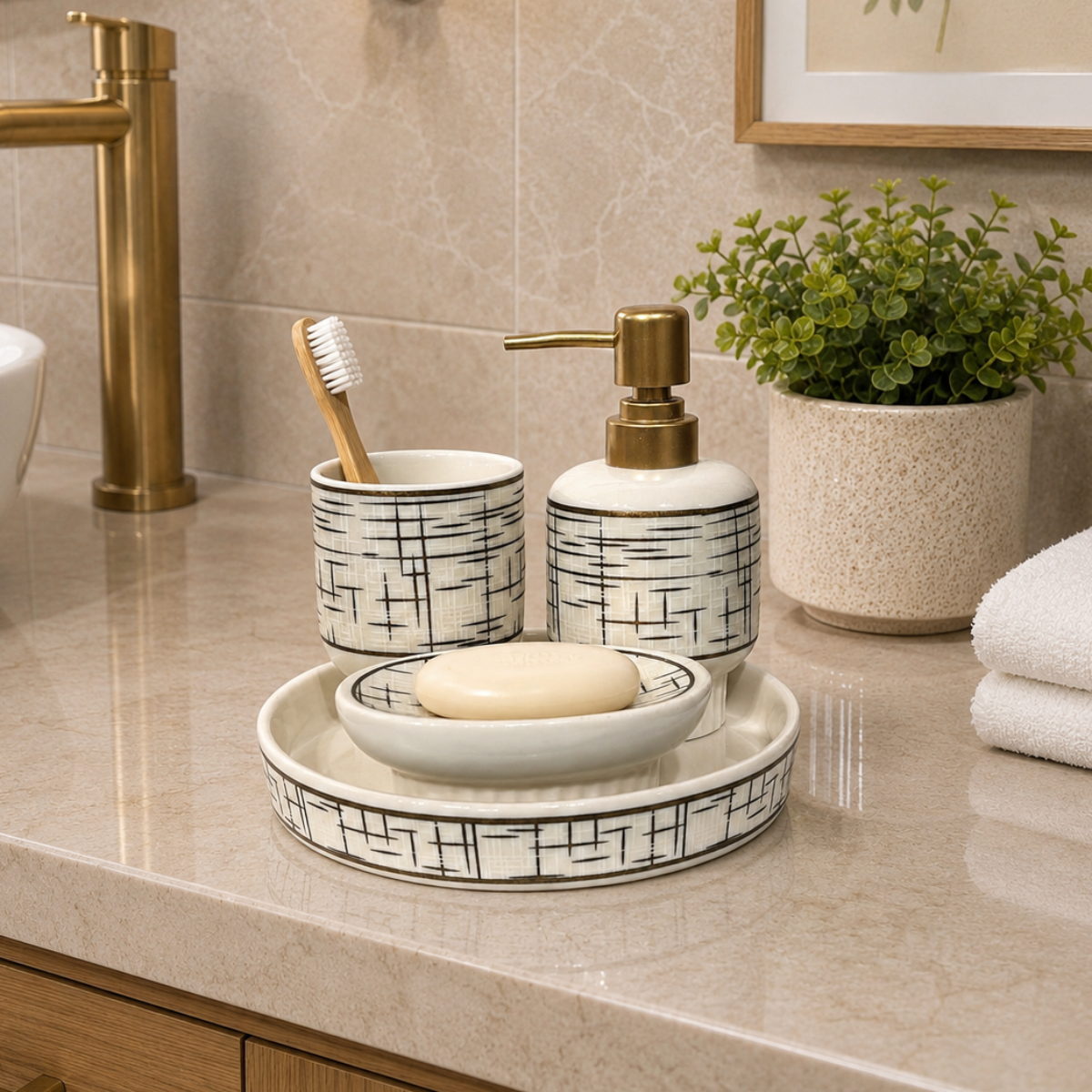 Bath Set Linear Lines White