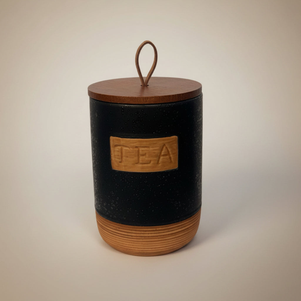 Tea Coffee Sugar Speckled Black Jars with Tray