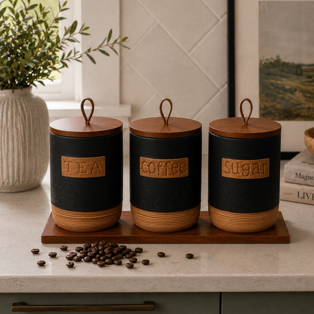 Tea Coffee Sugar Speckled Black Jars with Tray