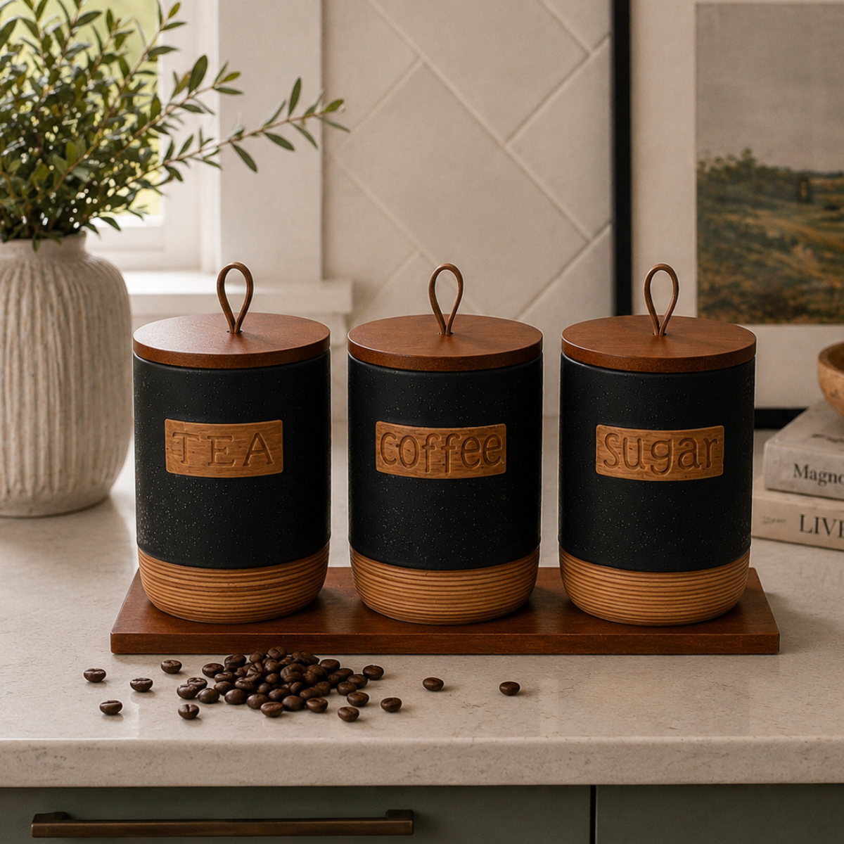 Tea Coffee Sugar Speckled Black Jars with Tray