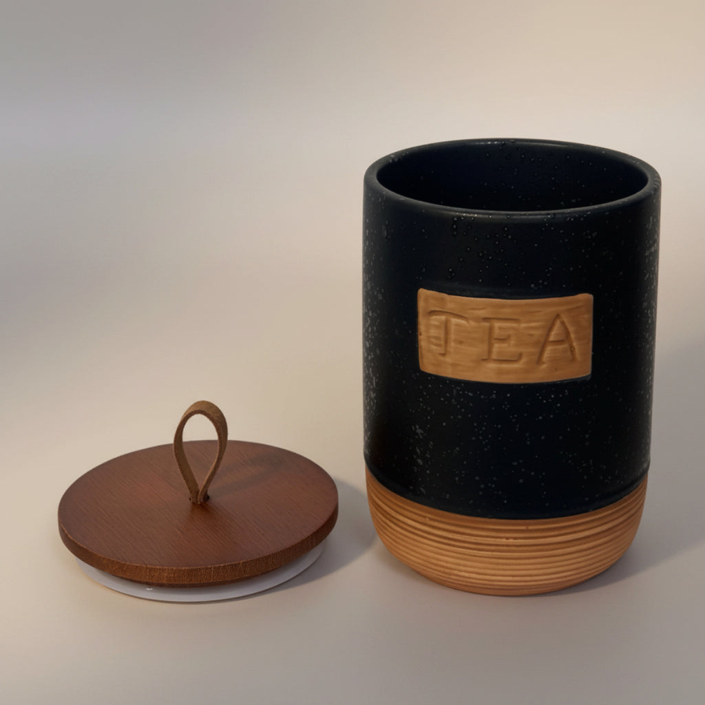 Tea Coffee Sugar Speckled Black Jars with Tray