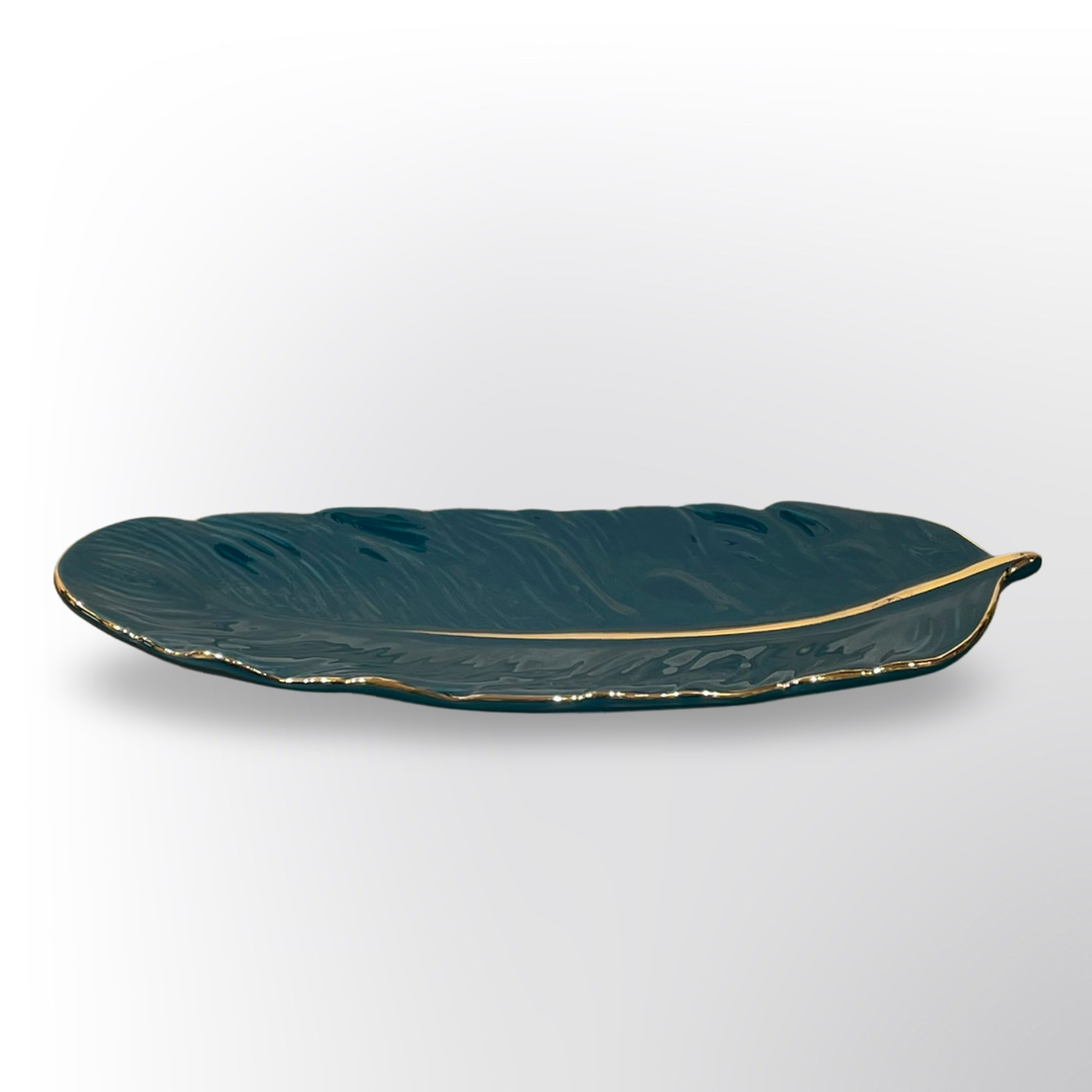 Elegance Leaf Tray with Gold Emerald