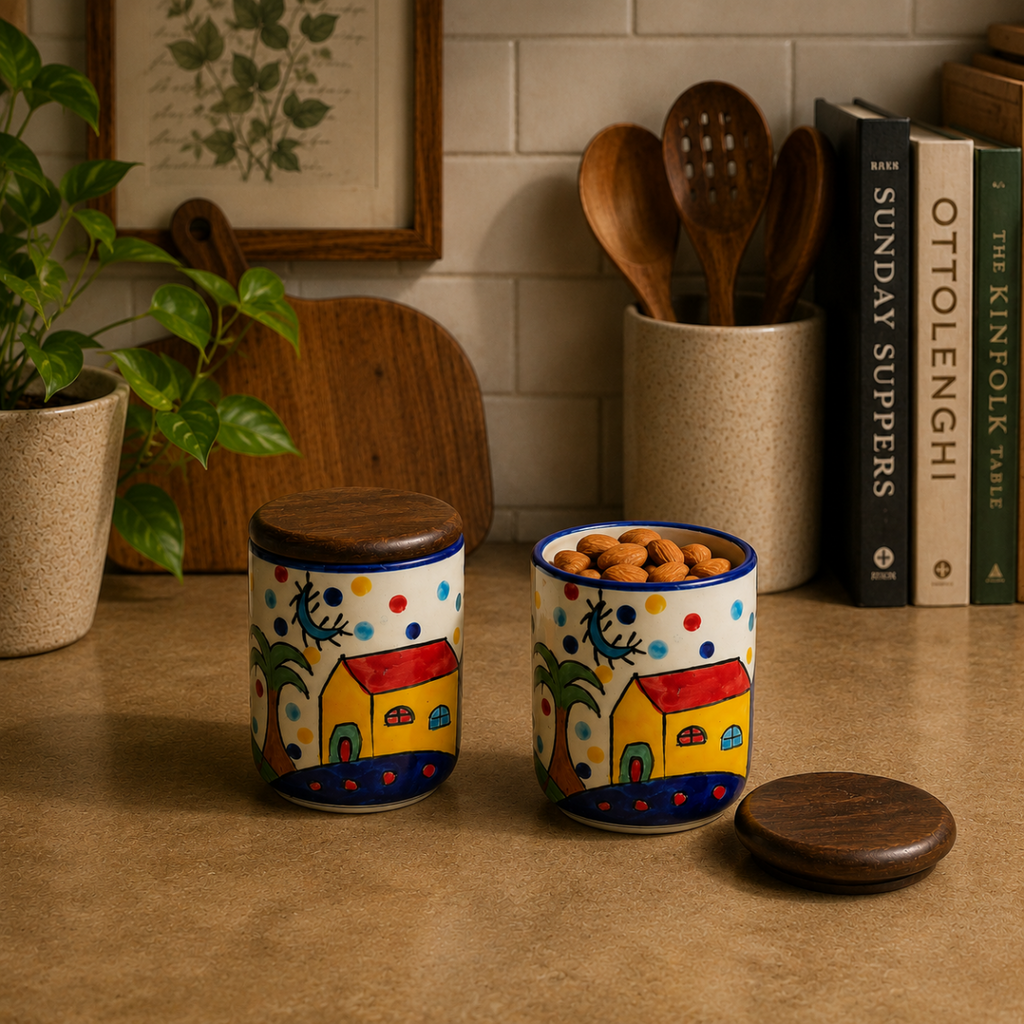 Jar - Huts & Palm with Wood Lid