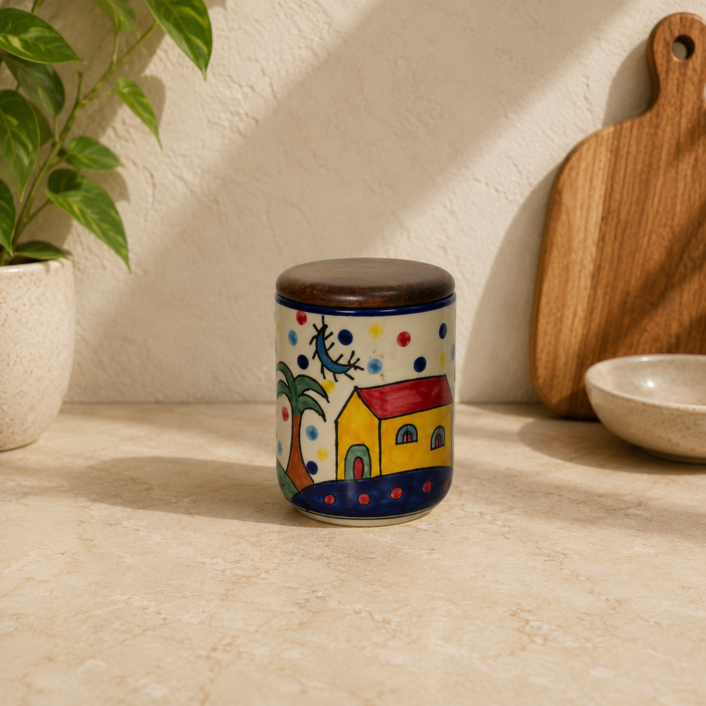 Jar - Huts & Palm with Wood Lid