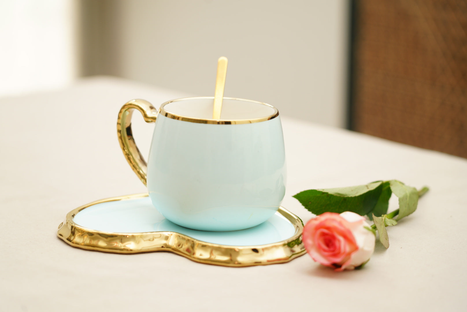 Heart Cup Saucer Set with Spoon Blue