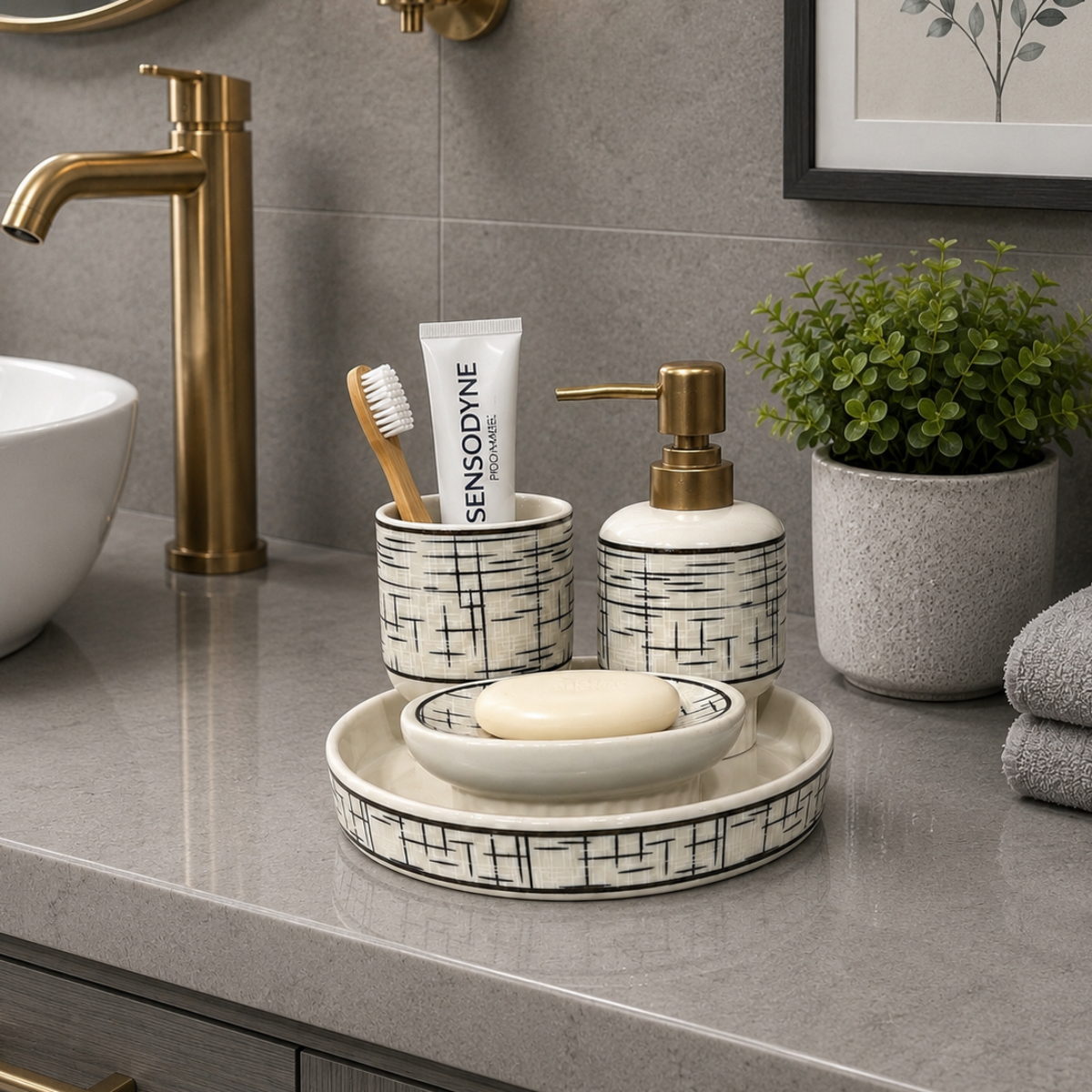 Bath Set Linear Lines White