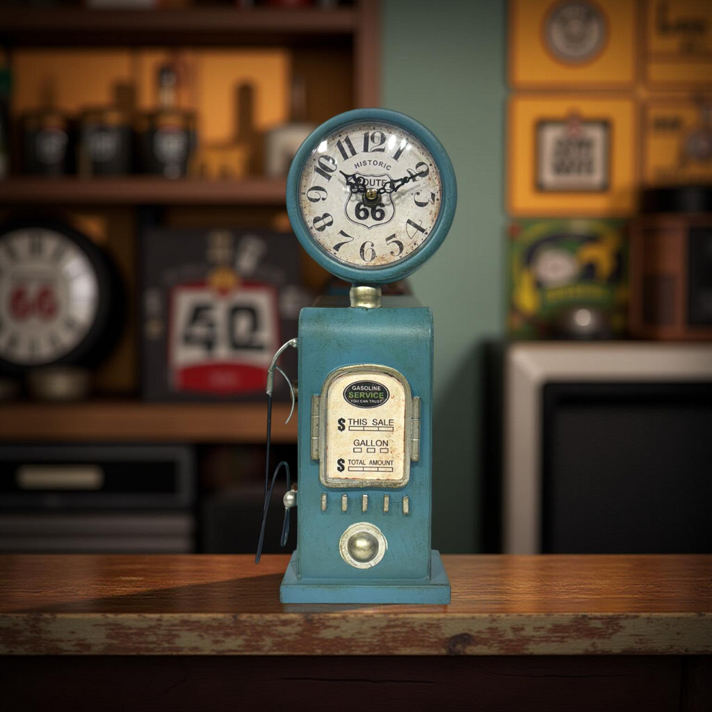 Table Top Clock Blue Gasoline Station