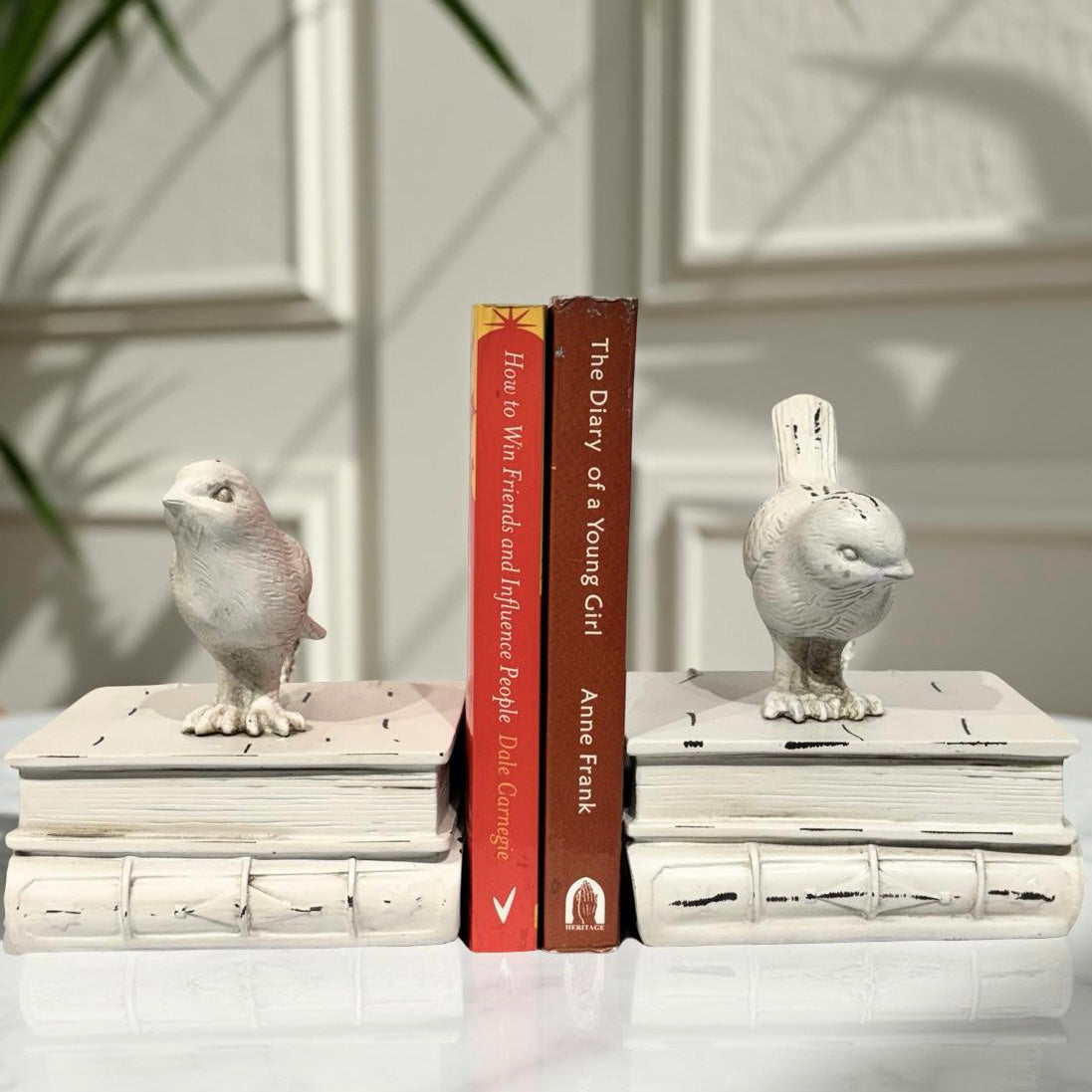 Bookend White Birdies Perched on Books