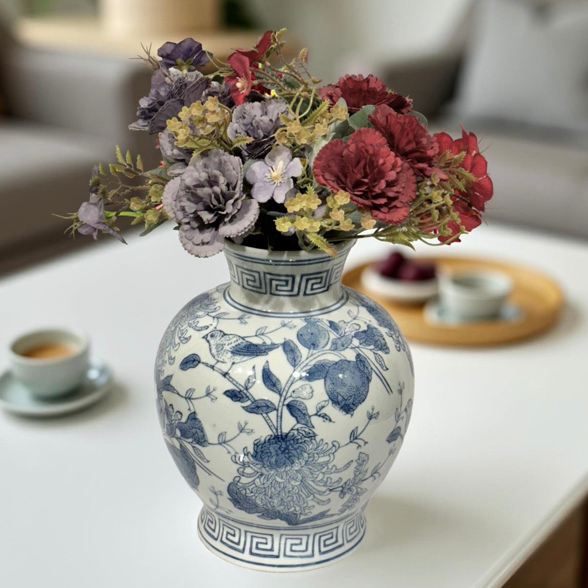 Vase White & Light Blue Bird Motif