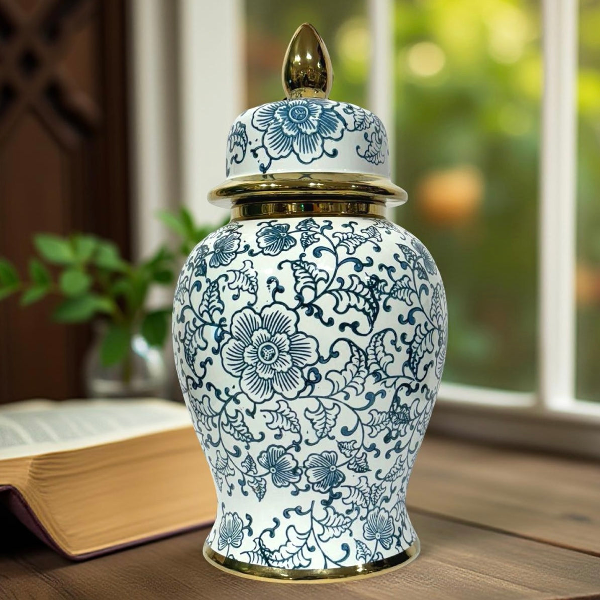 Temple Jar Albert in White Blue Flowers