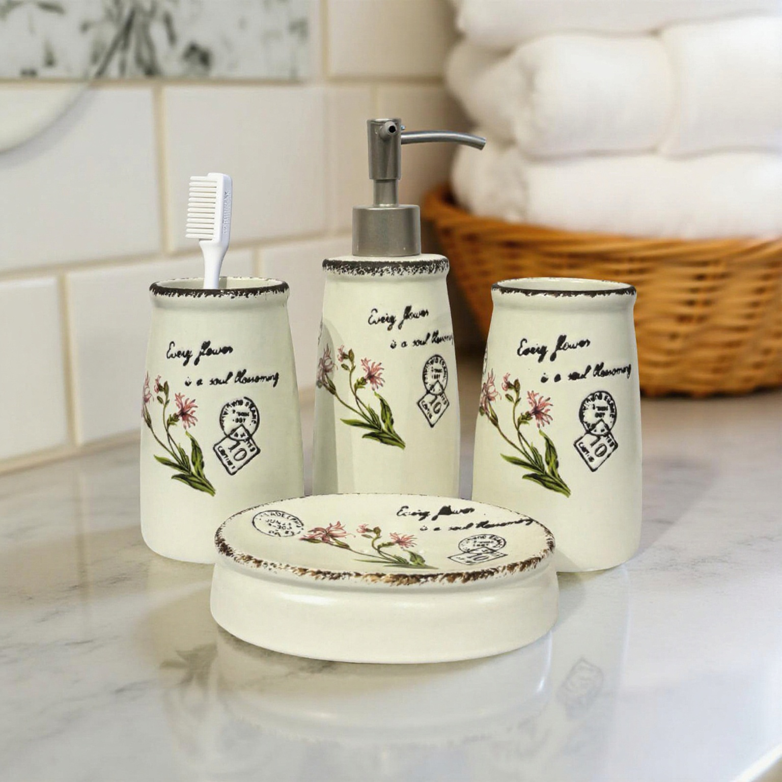 Bath Set Rustic White & Pink