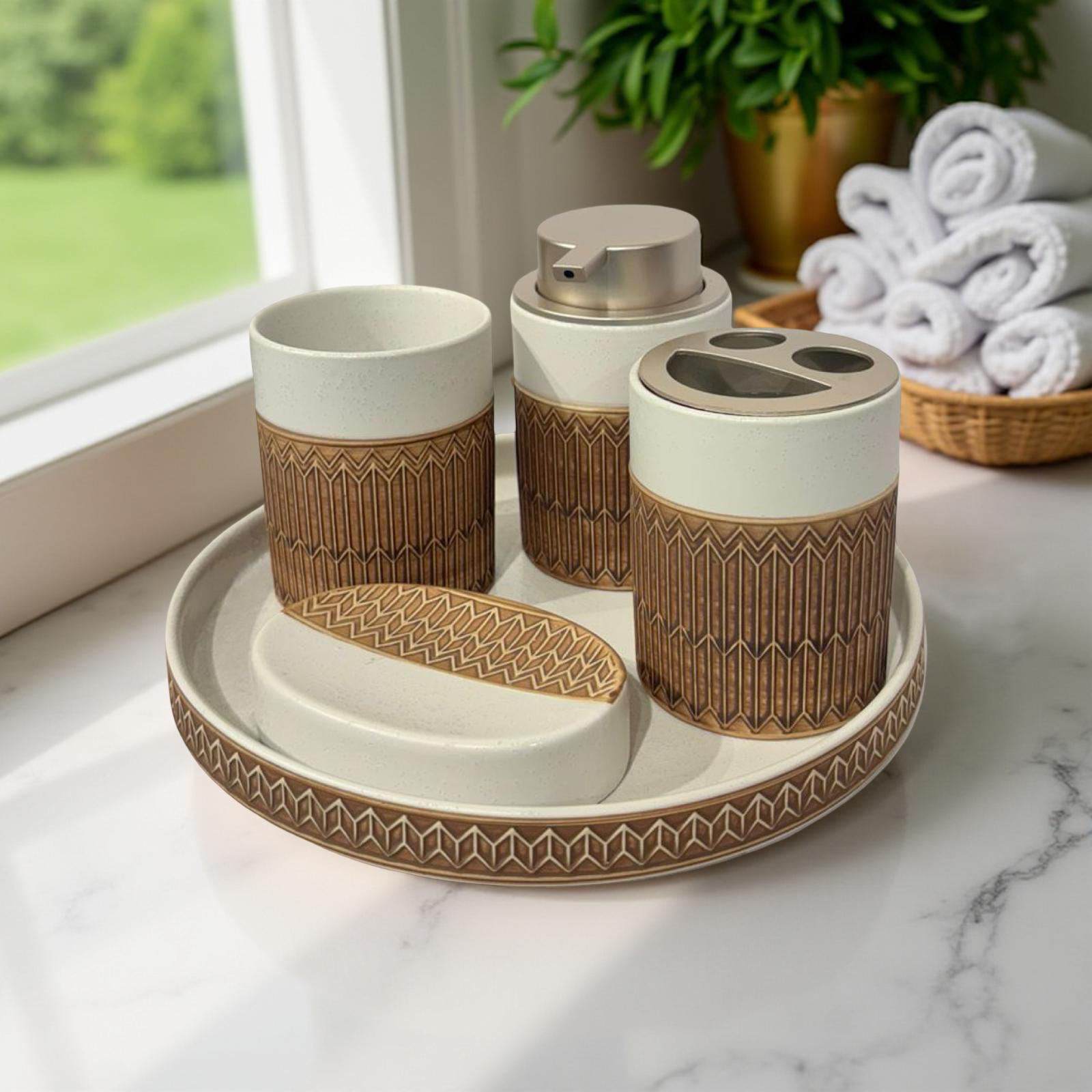 Bath Set White & Brown with Tray