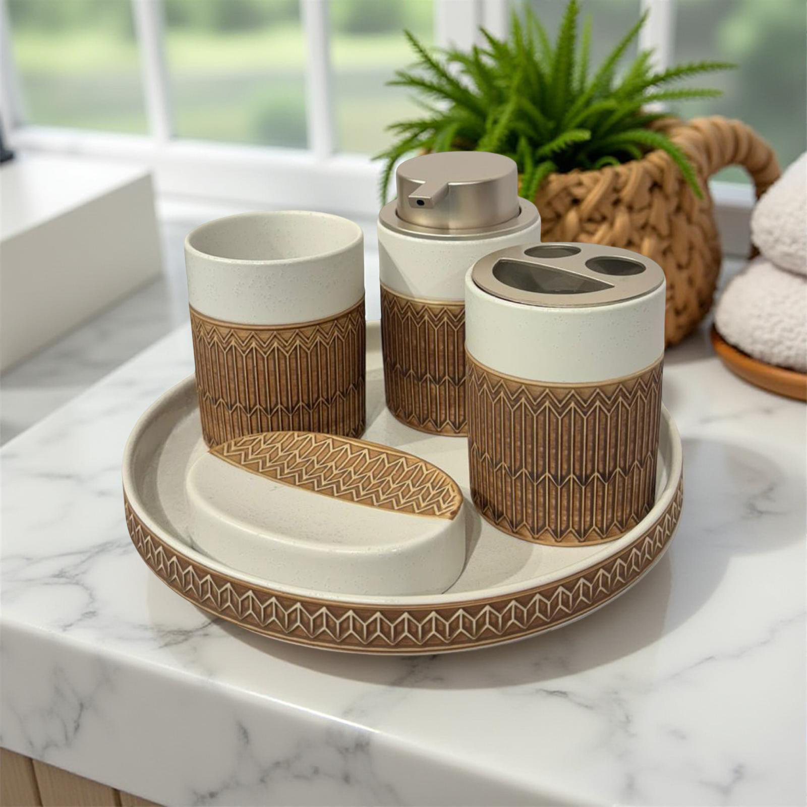 Bath Set White & Brown with Tray