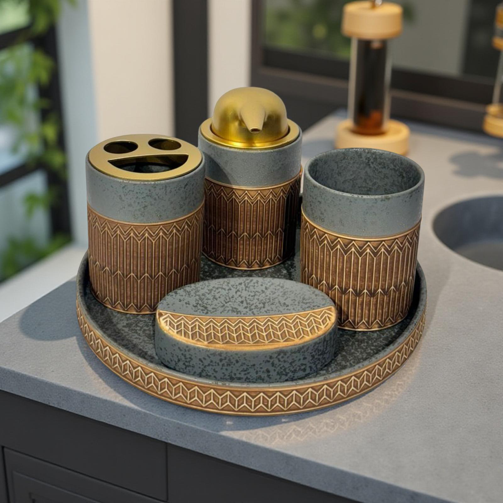 Bath Set Grey & Brown with Tray