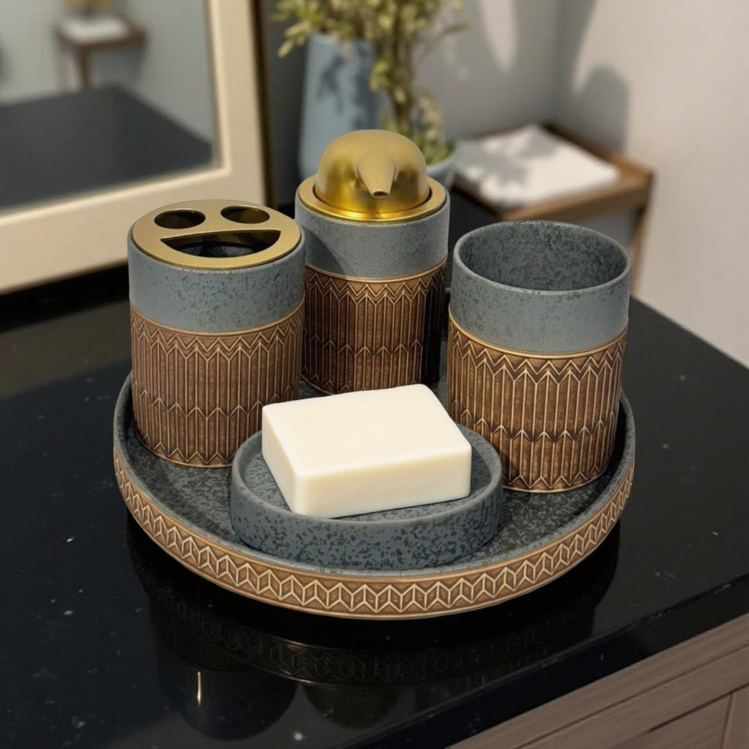 Bath Set Grey & Brown with Tray