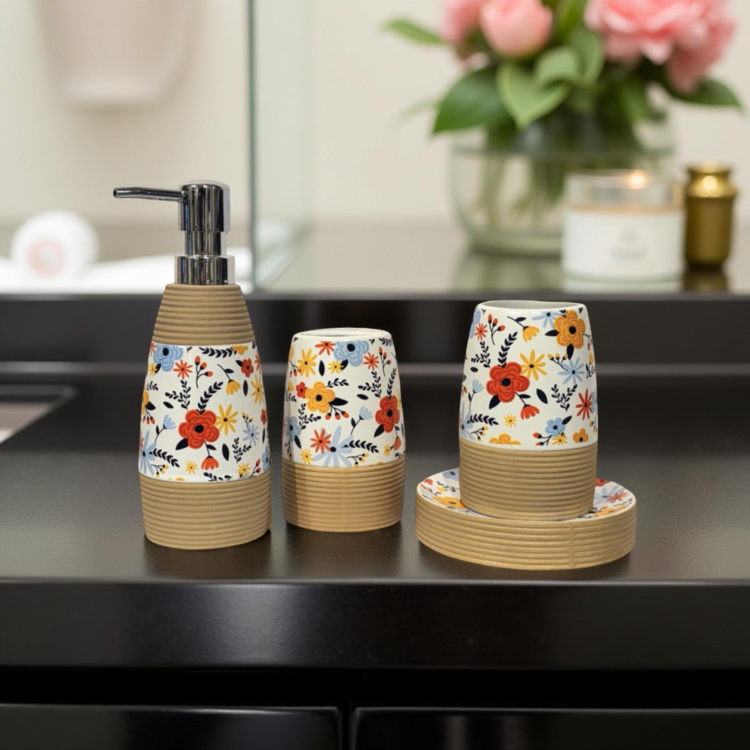Bath Set Red Blue Yellow Flowers