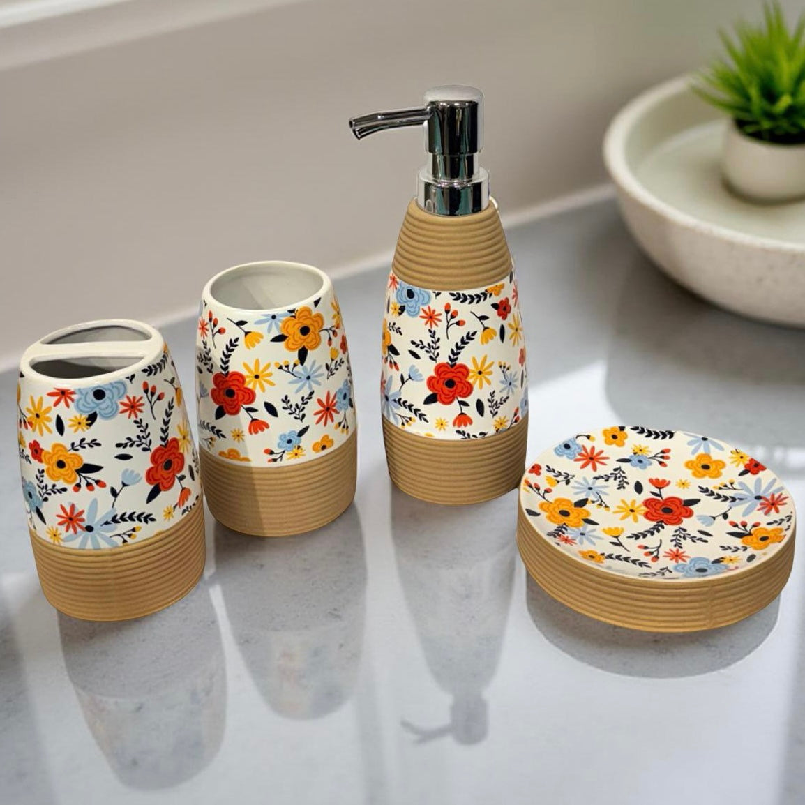 Bath Set Red Blue Yellow Flowers