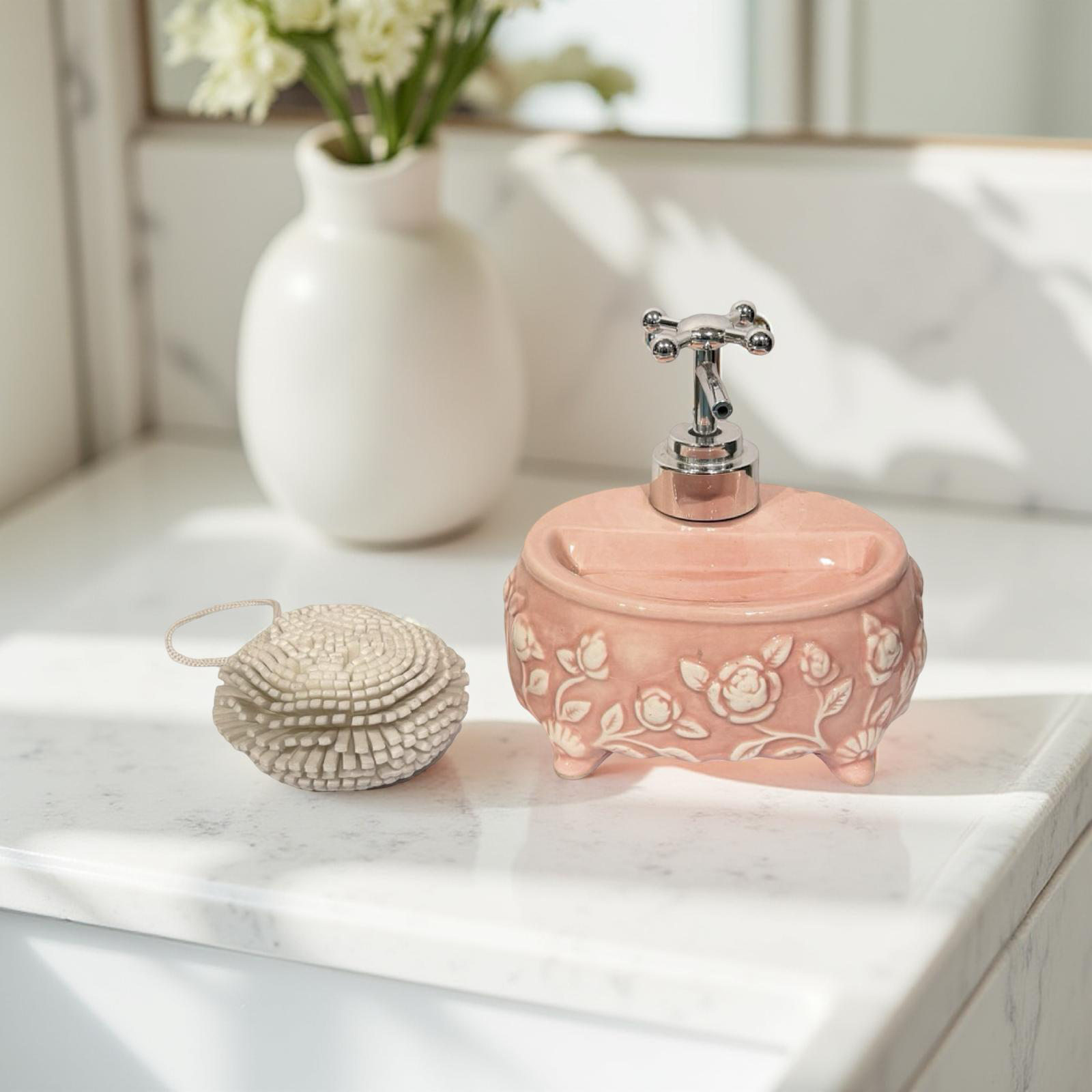 Soap Dispenser Round Floral Pink