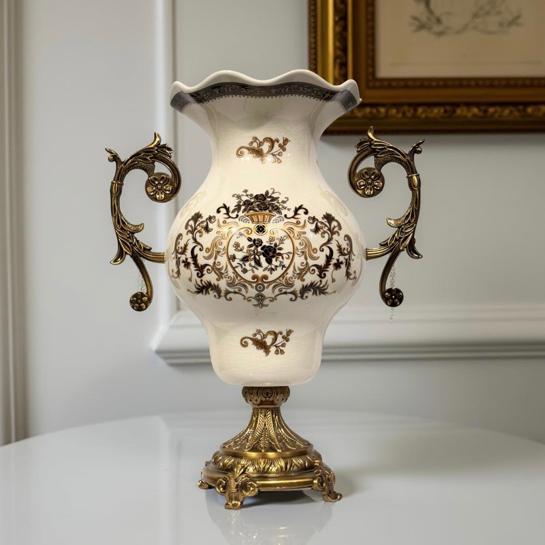 Georgia Ivory & Brown Vase with Ornate Handles