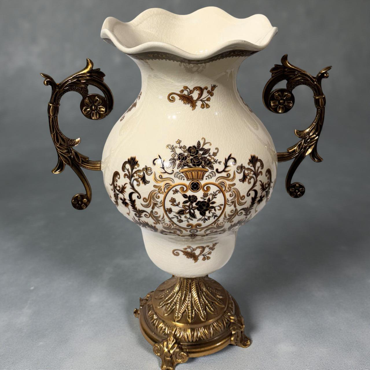 Georgia Ivory & Brown Vase with Ornate Handles