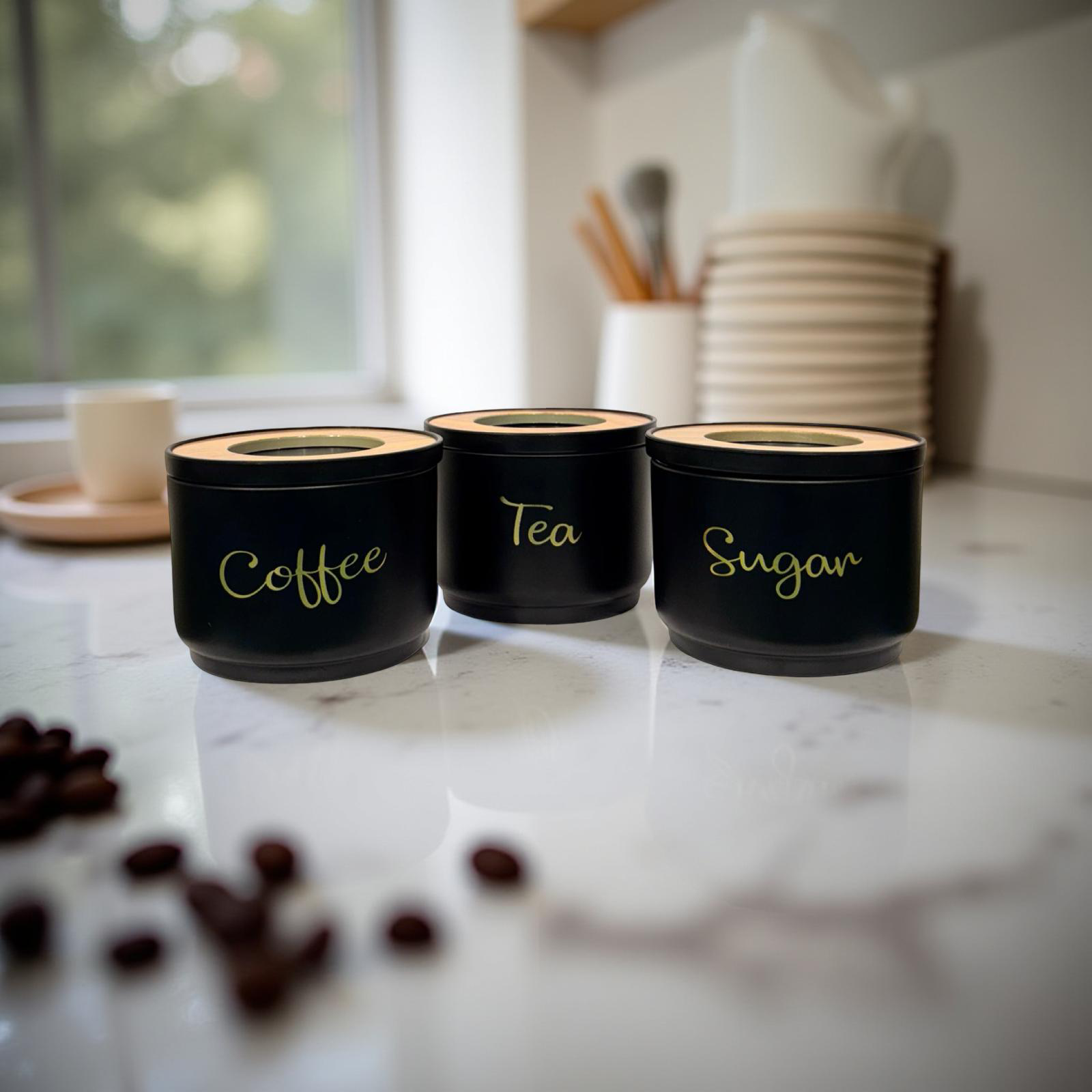 Tea Coffee Sugar Black with Wood Lid