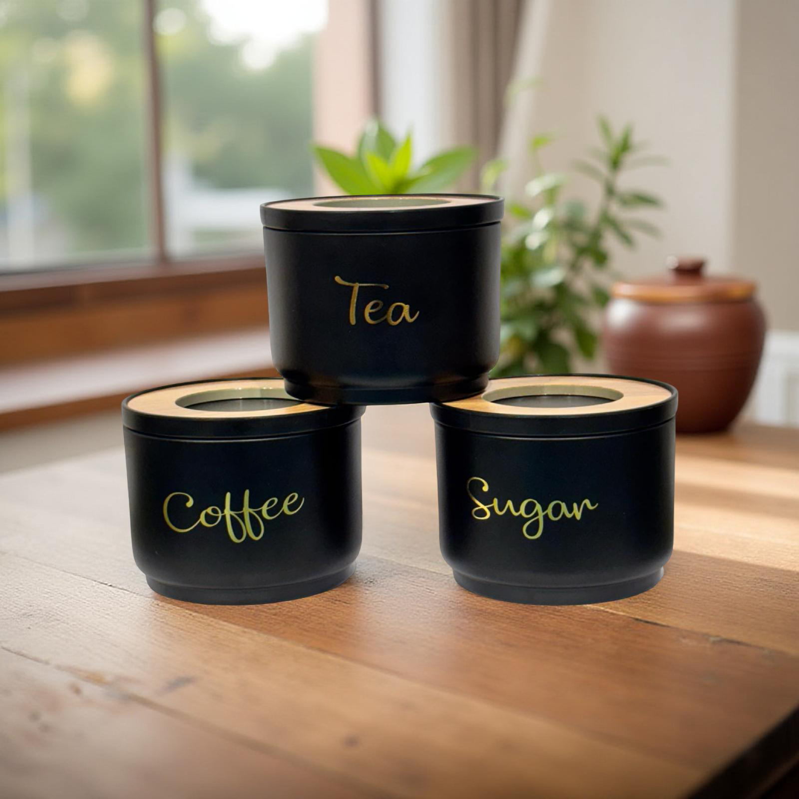 Tea Coffee Sugar Black with Wood Lid