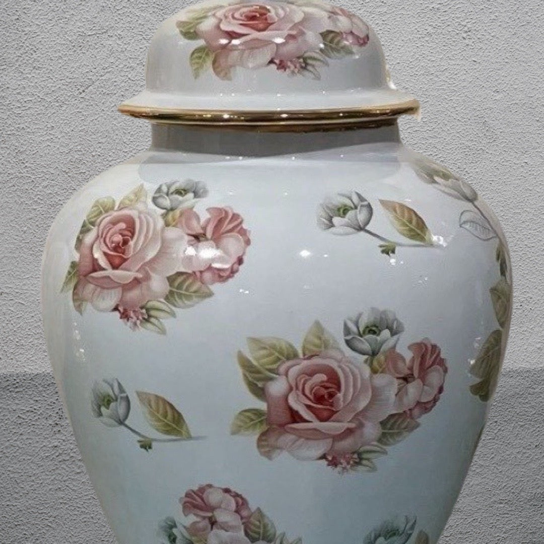 Temple Jar White with Pink Roses Large