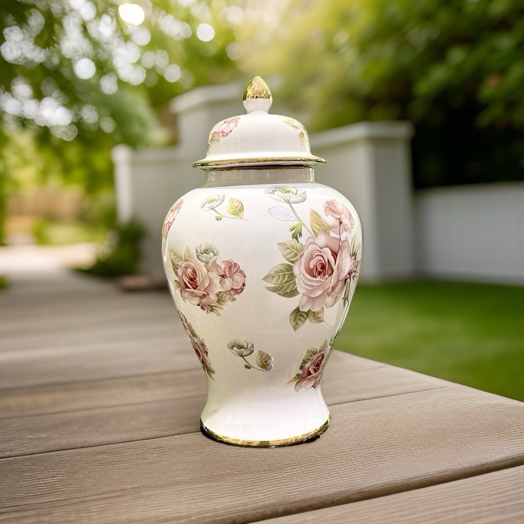 Temple Jar White with Pink Roses Small