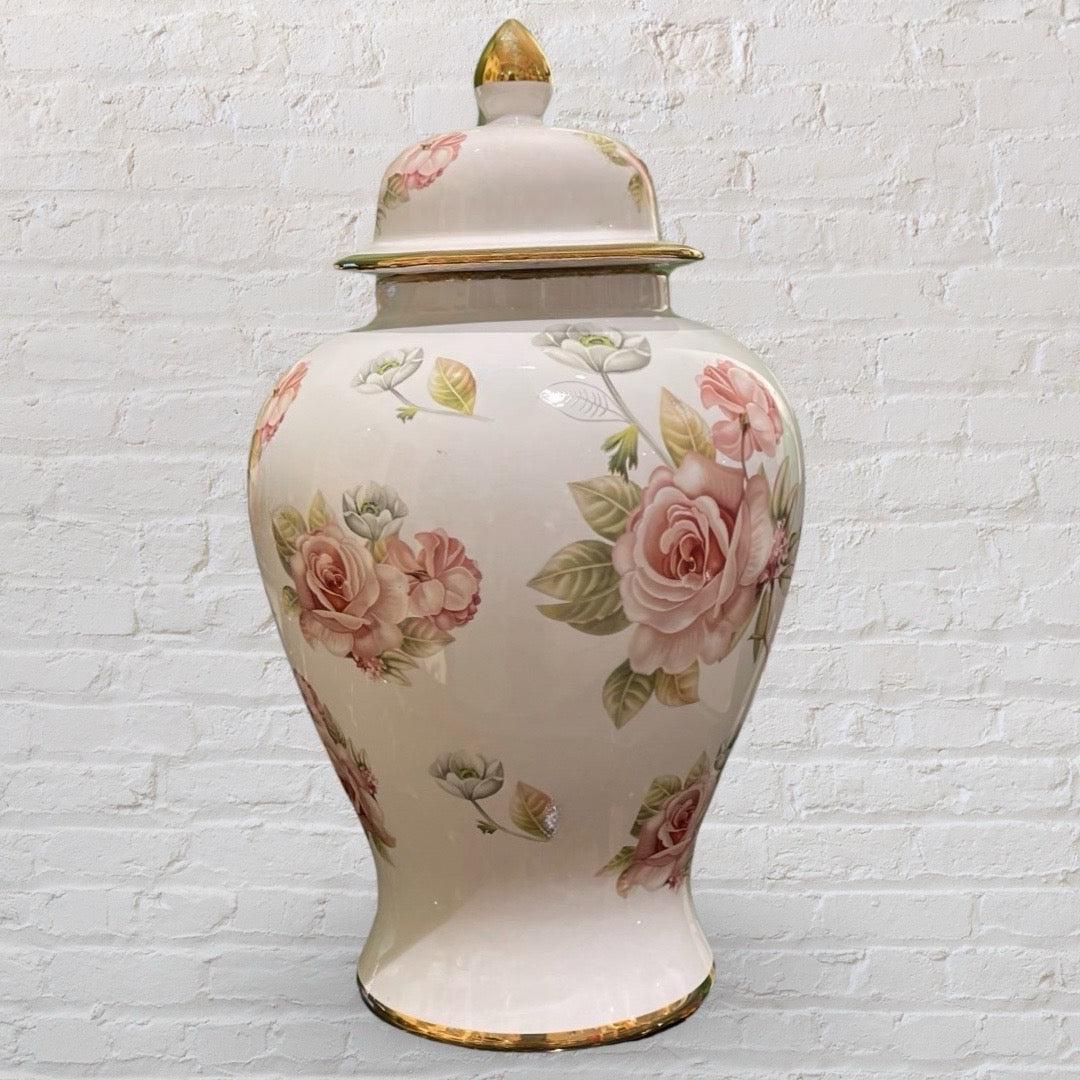Temple Jar White with Pink Roses Small