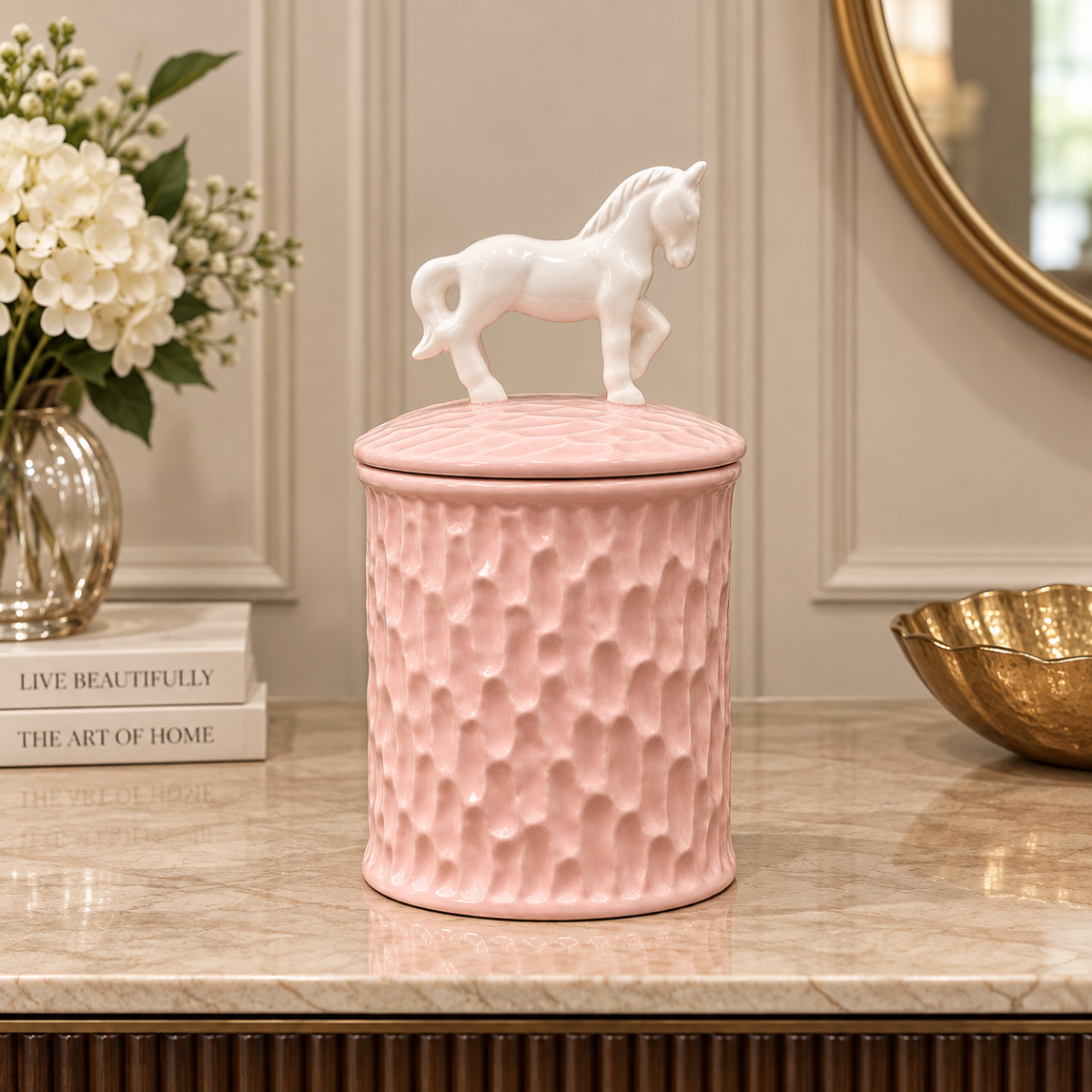 Storage Jar - Pink with White Horse Lid