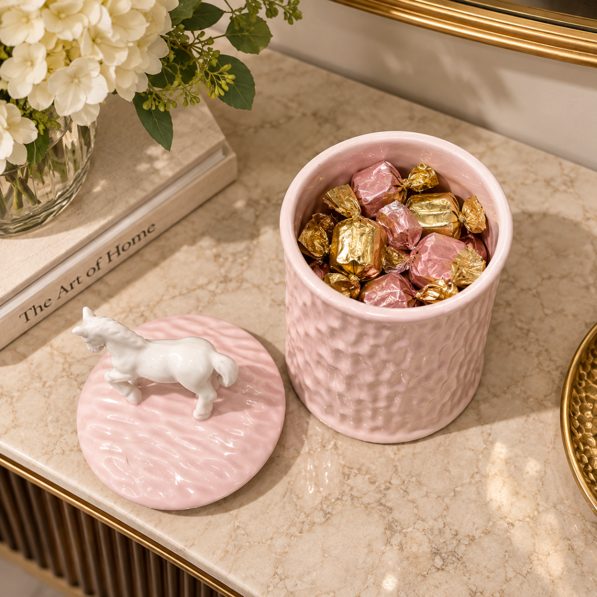 Storage Jar - Pink with White Horse Lid