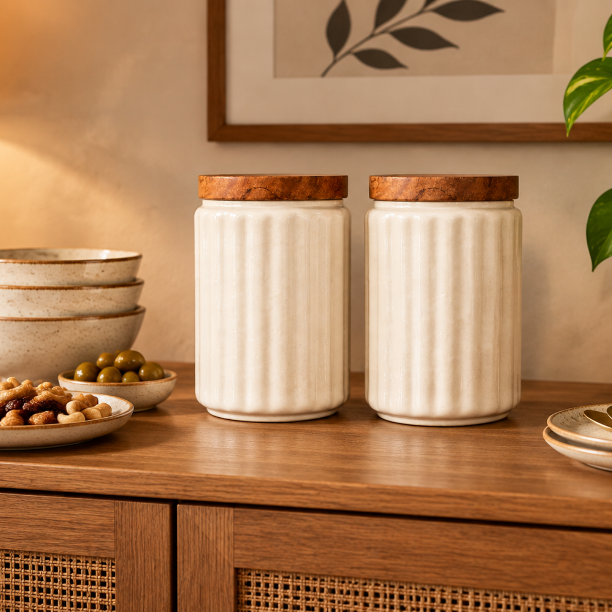Storage Jar - Ribbed Cream with Wood Lid