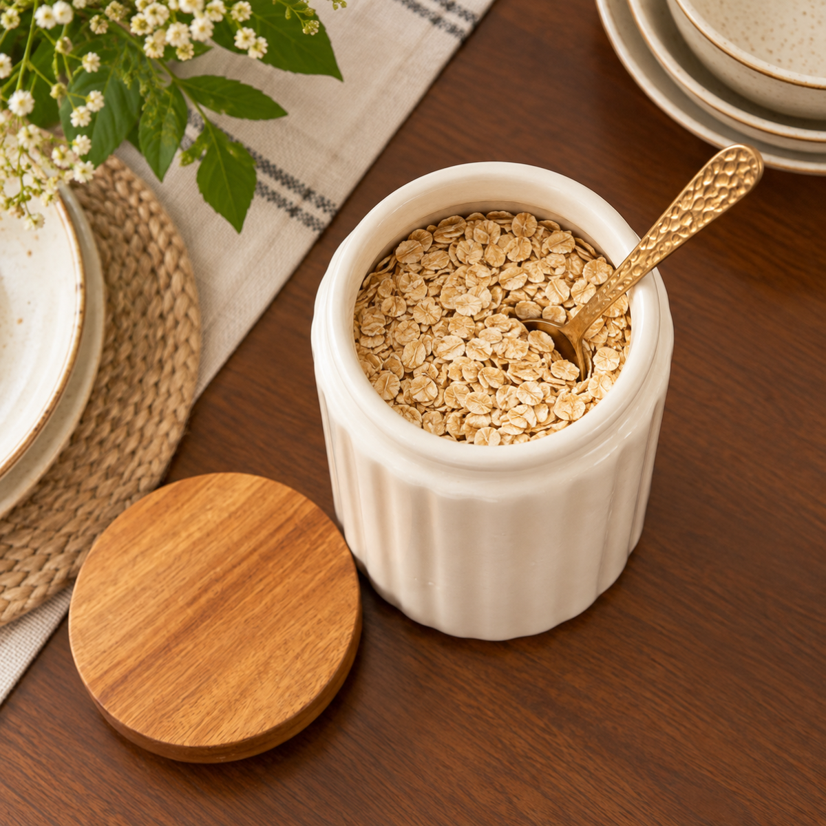 Storage Jar - Ribbed Cream with Wood Lid