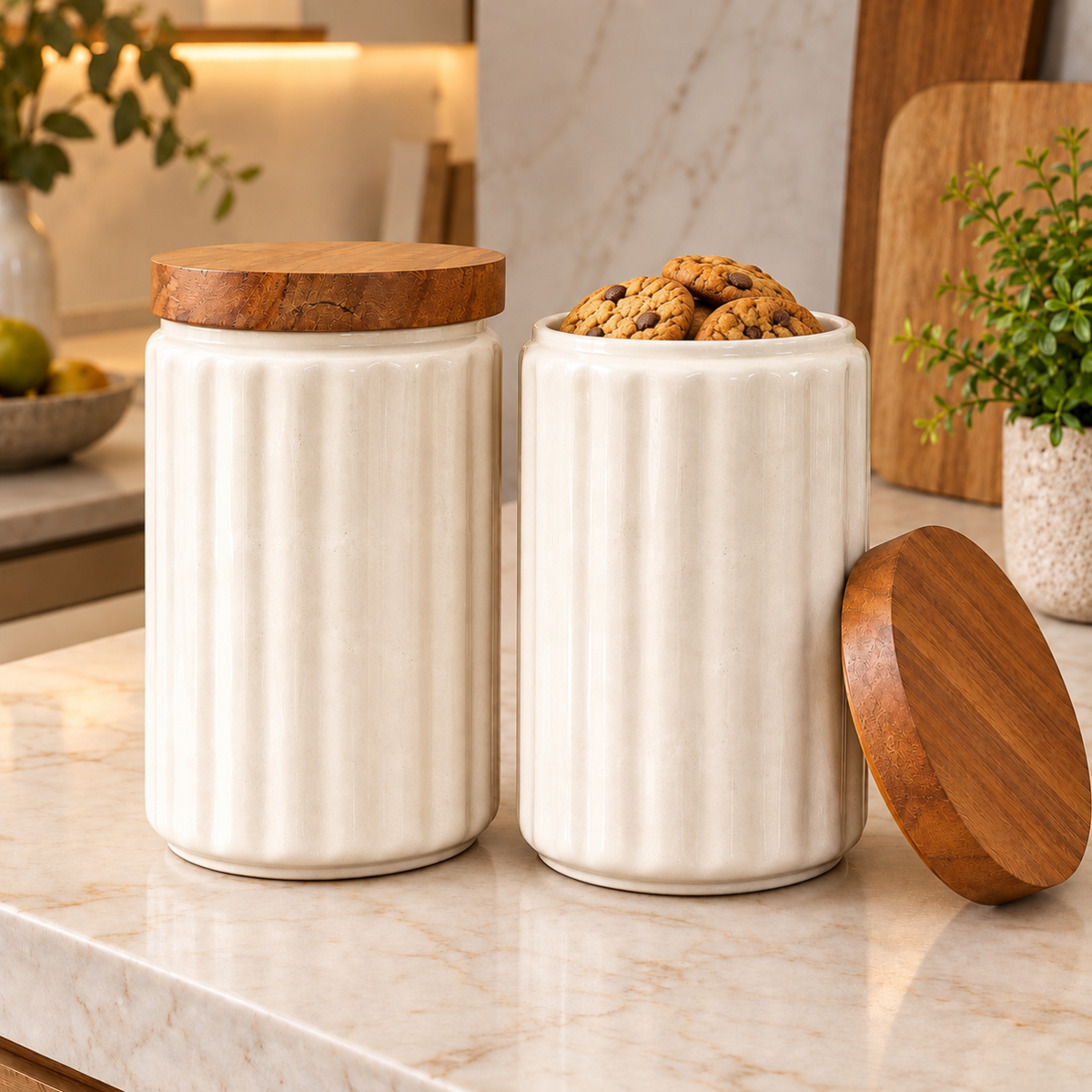 Storage Jar - Ribbed Cream with Wood Lid