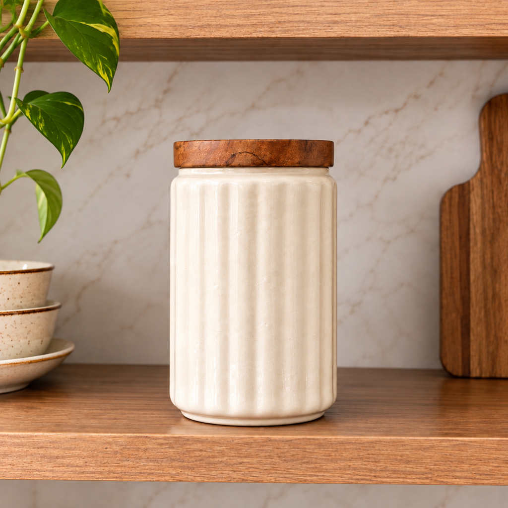 Storage Jar - Ribbed Cream with Wood Lid