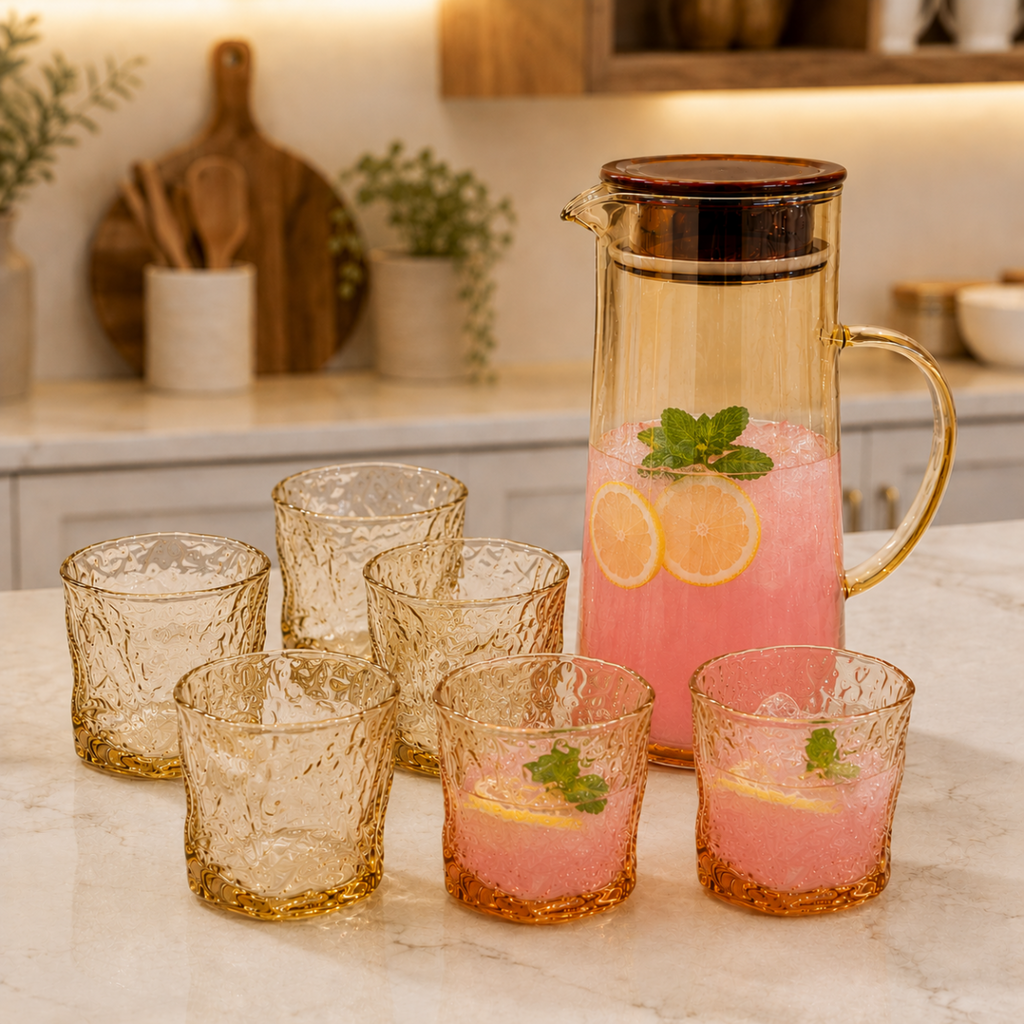 Lemon Set - Amber Tint Jug & Glass S07