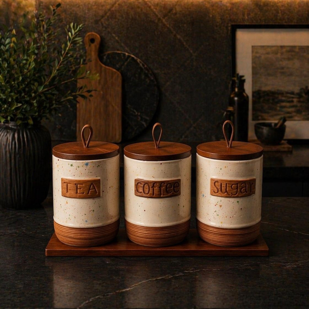 Tea Coffee Sugar Speckled White Jars with Tray