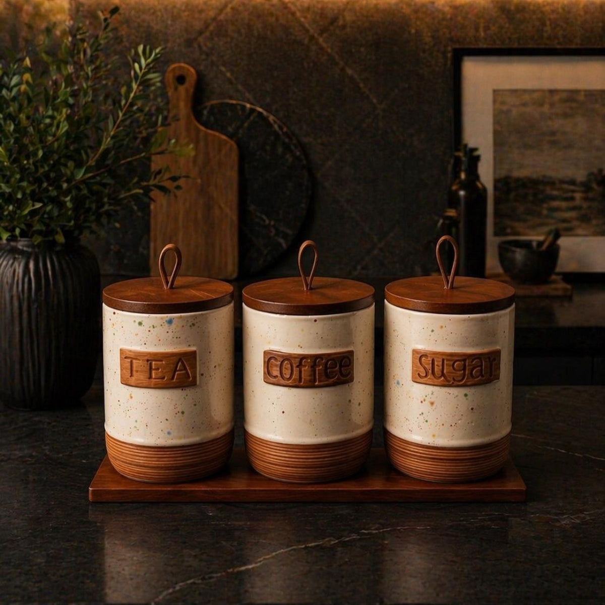 Tea Coffee Sugar Speckled White Jars with Tray