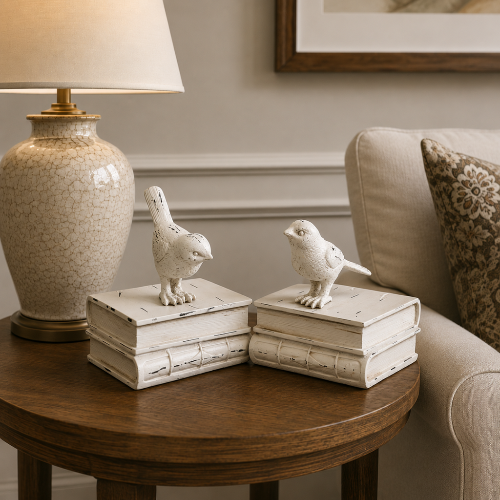 Bookend White Birdies Perched on Books