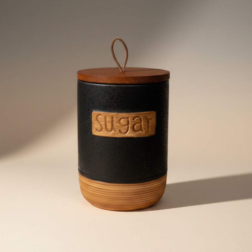 Tea Coffee Sugar Speckled Black Jars with Tray