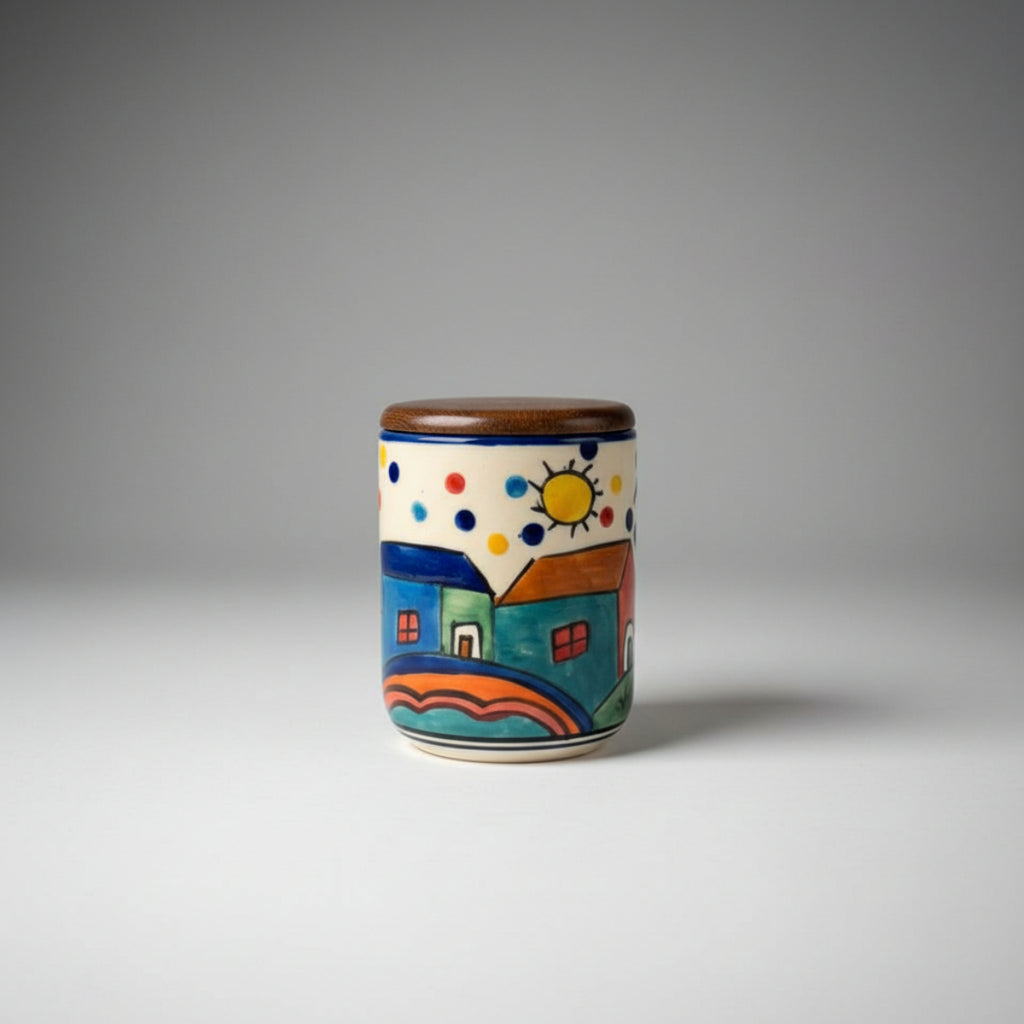 Jar - Huts & Palm with Wood Lid