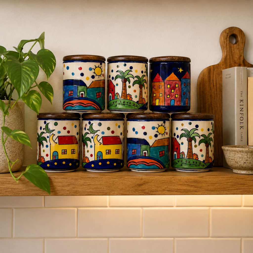 Jar - Huts & Palm with Wood Lid