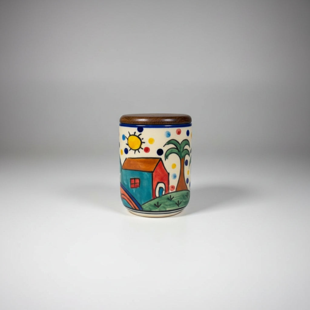 Jar - Huts & Palm with Wood Lid