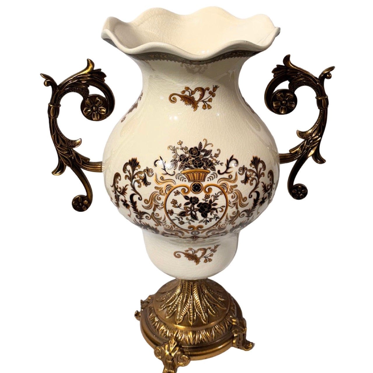 Georgia Ivory & Brown Vase with Ornate Handles