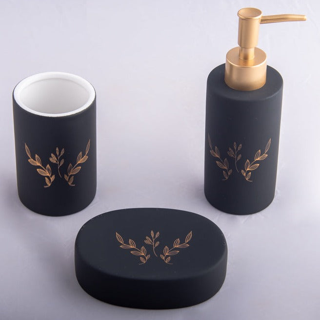 Bath Set Gold Flower Black